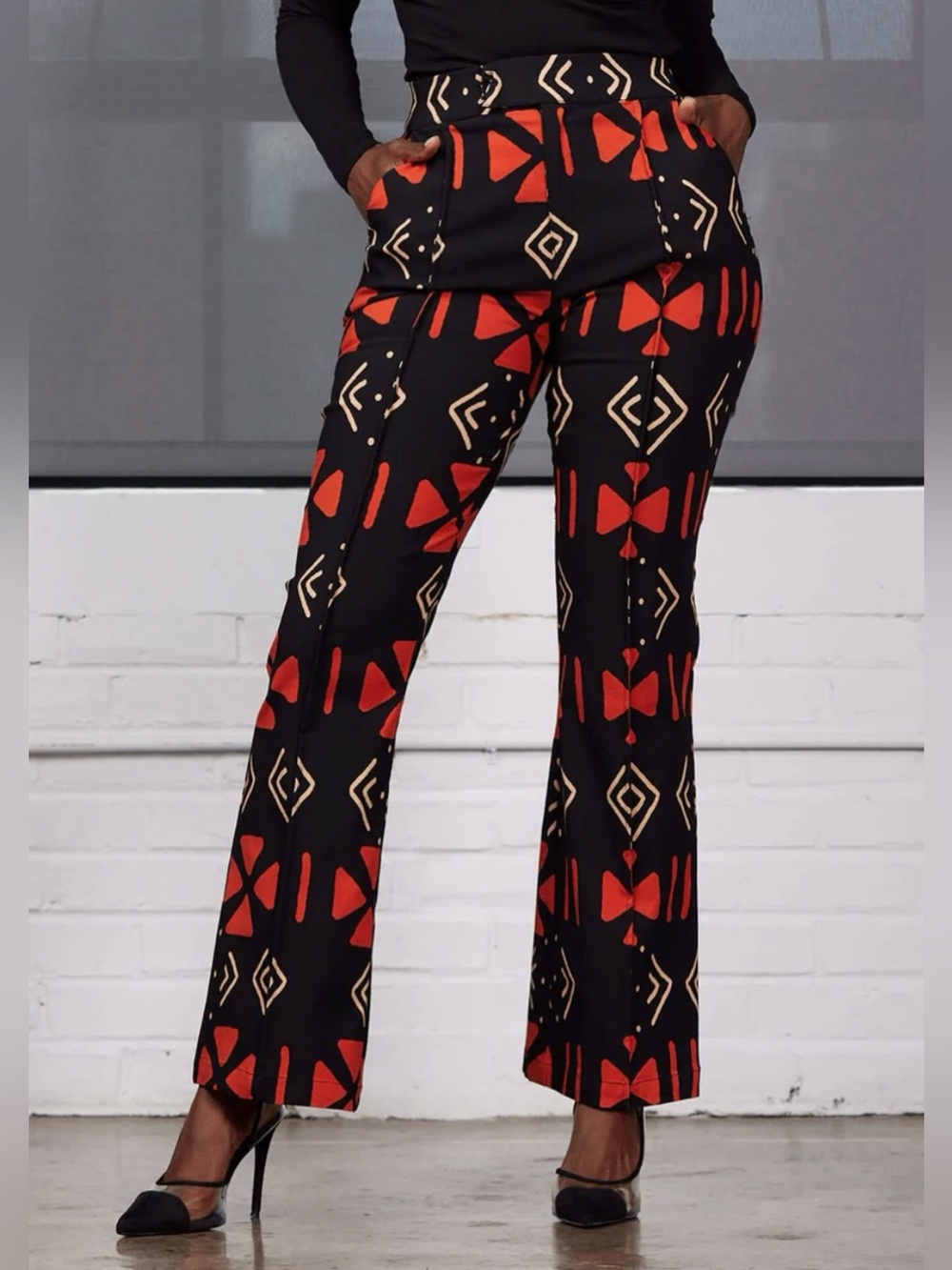 D’IYANU Abebe African Print Wide Leg Pants Black Red Size L Tall